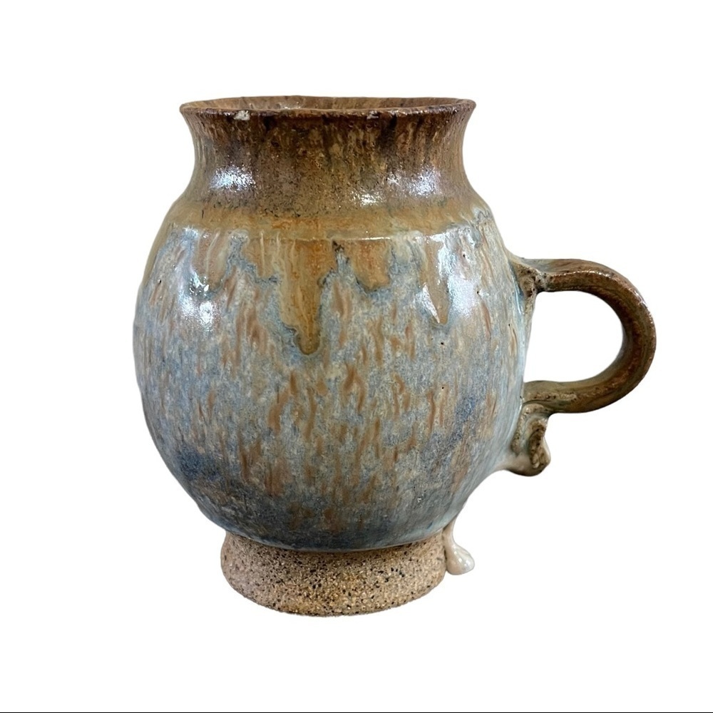 Studio Pottery Coffee Mug Tea Cup Glazed Handmade Round Small Green Blue